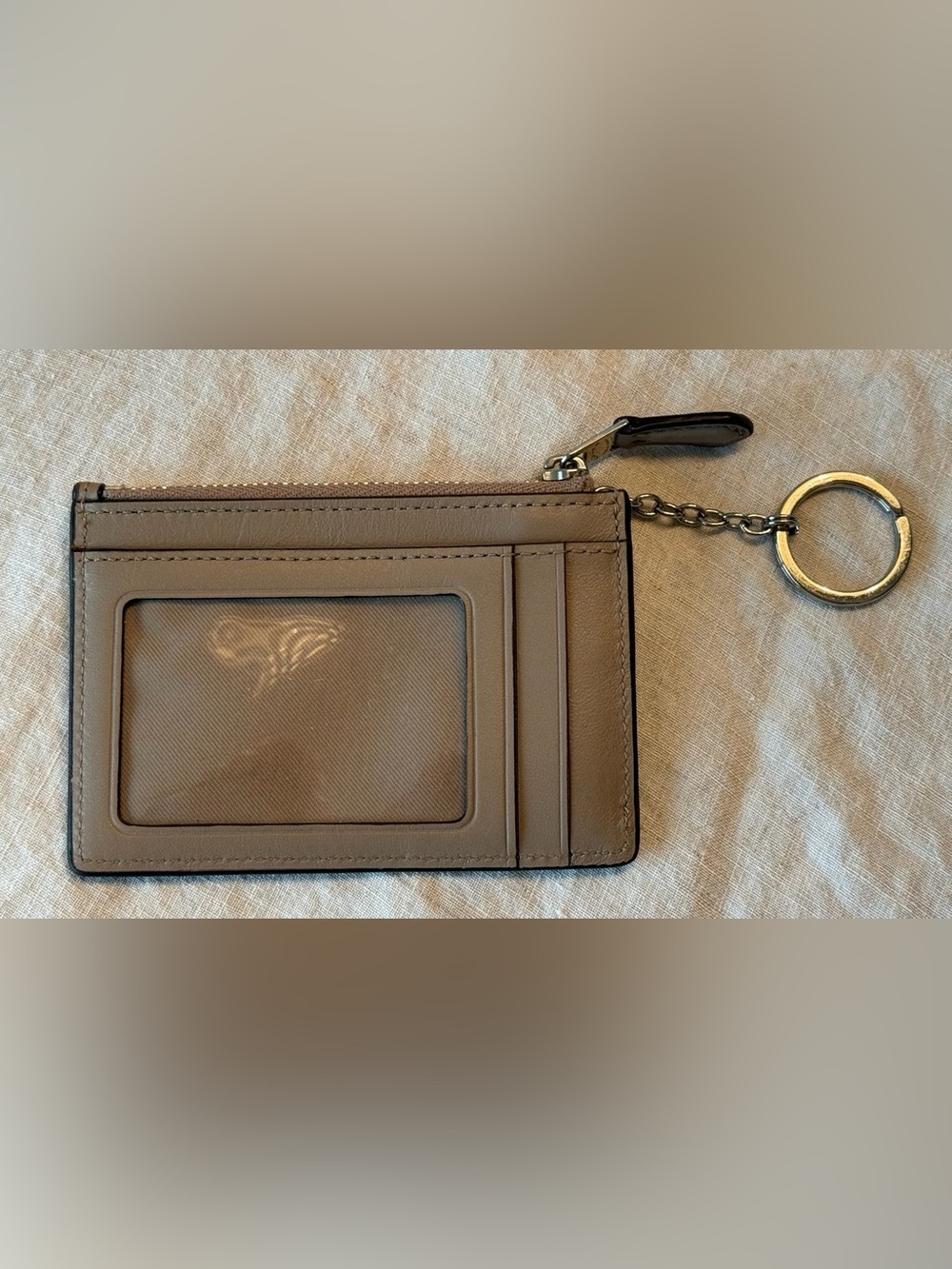 Coach Taupe Leather Card Holder with Zip Pouch & Keychain - Picture 2 of 4